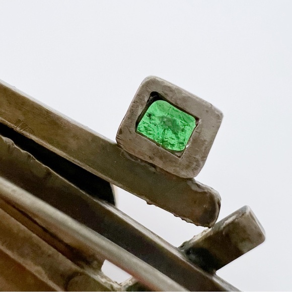 Vintage Carolyn Thomas 14K Gold Sterling Brass Mabe Pearl Emerald Brooch Pin - Picture 8 of 15